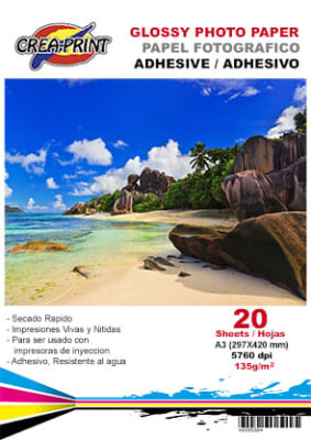 CAJA DE 25 RESMAS PAPEL FOTOGRAFICO BRILLANTE ADHESIVO135GRS/A3/20 UNID