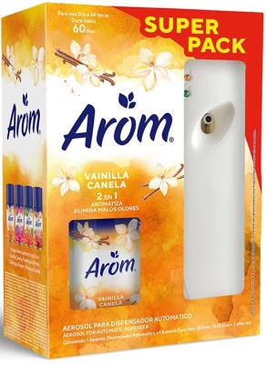 AROM DISPENSADOR AUTOMÁTICO + RECARGA 250 ML VAINILLA + 2 PILAS AA