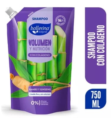 BALLERINA SHAMPOO 750ML DOYPACK VOLUMEN Y NUTRICION BAMBU Y GINSENG
