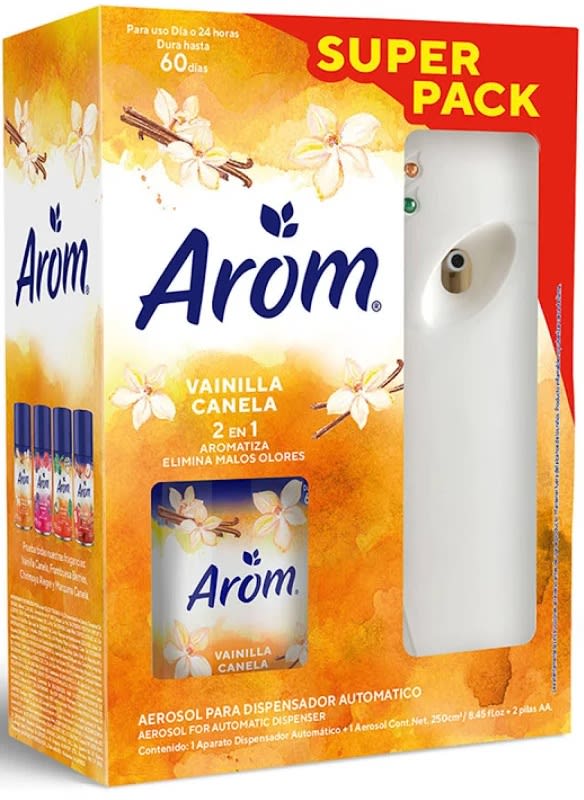 AROM DISPENSADOR AUTOMÁTICO + RECARGA 250 ML VAINILLA + 2 PILAS AA1