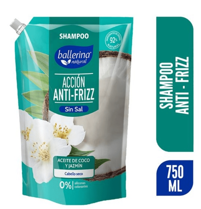 BALLERINA SHAMPOO 750ML DOYPACK ACCION ANTI-FRIZZ CON ALOE, ACEITE DE COCO Y JAZMIN1