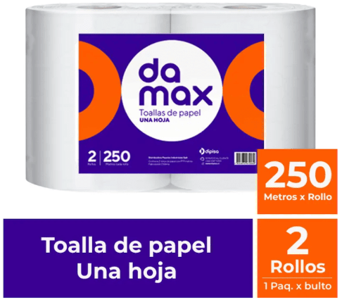 DAMAX TOALLA PAPEL JUMBO HOJA SIMPLE 250 MT X 2 ROLLOS1