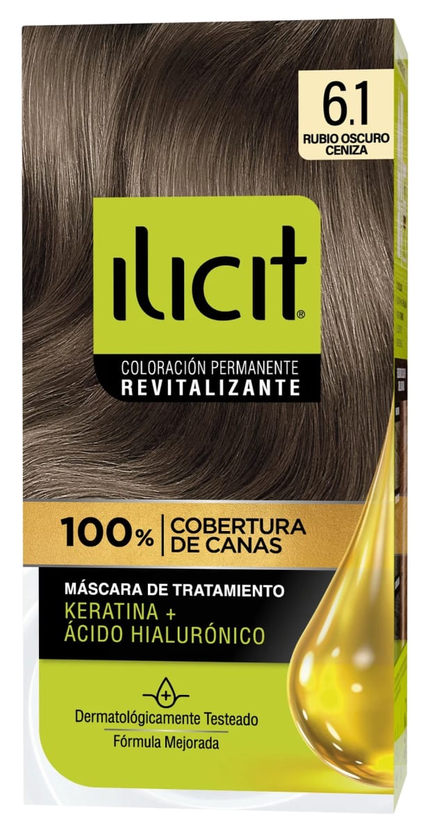 ILICIT TINTURA CAPILAR KERATINA + ÁC. HIALURÓNICO 6.1 RUBIO OSCURO CENIZA1
