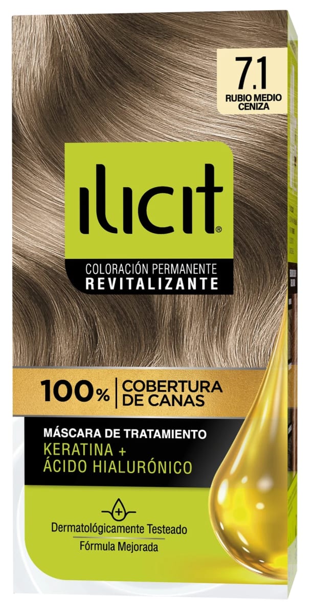 ILICIT TINTURA CAPILAR KERATINA + ÁC. HIALURÓNICO 7.1 RUBIO MEDIO CENIZA1