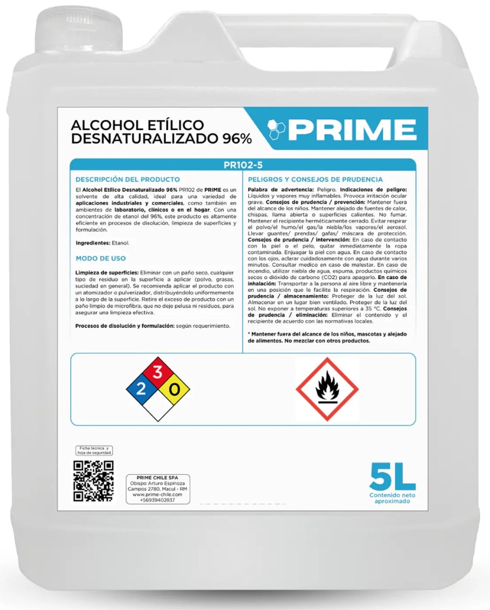 PRIME ALCOHOL ETÍLICO DESNATURALIZADO 96% 5 LT1