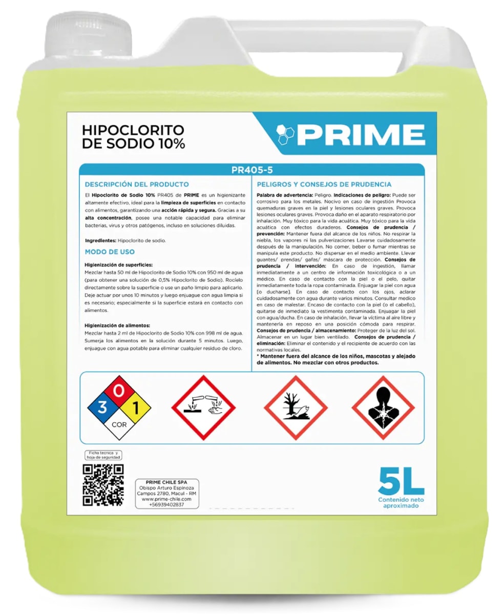 PRIME HIPOCLORITO DE SODIO AL 10% BIDÓN 5 LT1