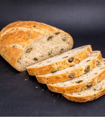 Pan Hogaza 100% masa madre Blanco Aceitunas rebanada – 600 g - Brotmkt