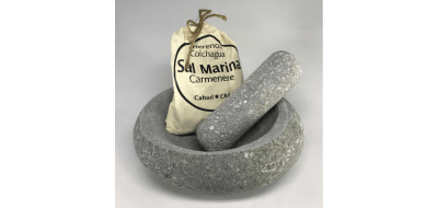 Mortero piedra de río L + bolsa de Sal, 18-20 cms