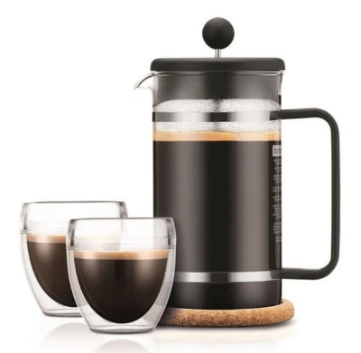 Pack Cafetera Prensa Francesa Bodum 1 lts y 2 Vasos de Borosilicato de Doble Pared 250 ml