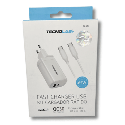 Cargador Tecnolab 65W con cable Tipo C a Tipo C