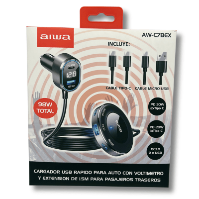 Cargador auto Aiwa Tipo C pasajeros con 2 cables AW-C78EX