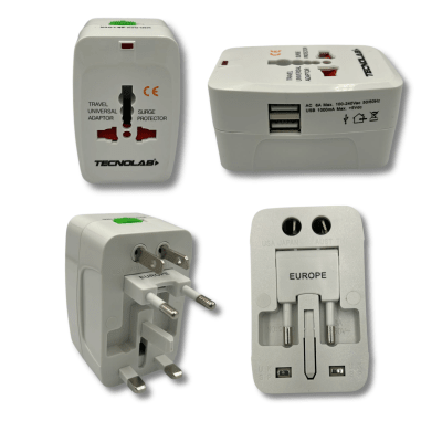 Adaptador de viaje universal con USB blanco Tecnolab TL356