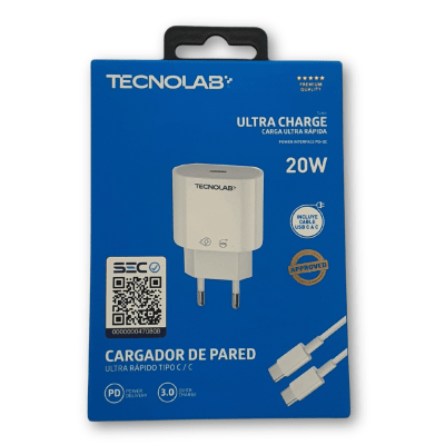 Cargador Tecnolab 20W con cable Tipo C a Tipo C