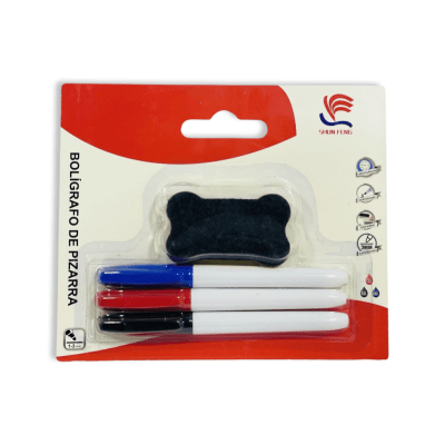 Set 3 plumones pizarra finos con borrador