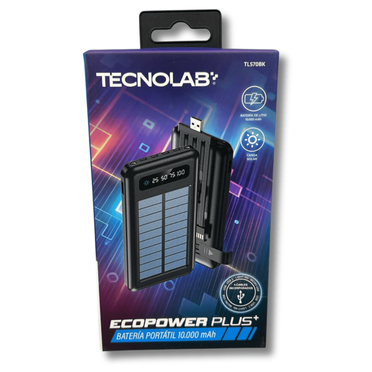 Bateria Externa Power Bank Solar 10,000mah Tecnolab con 4 cables1