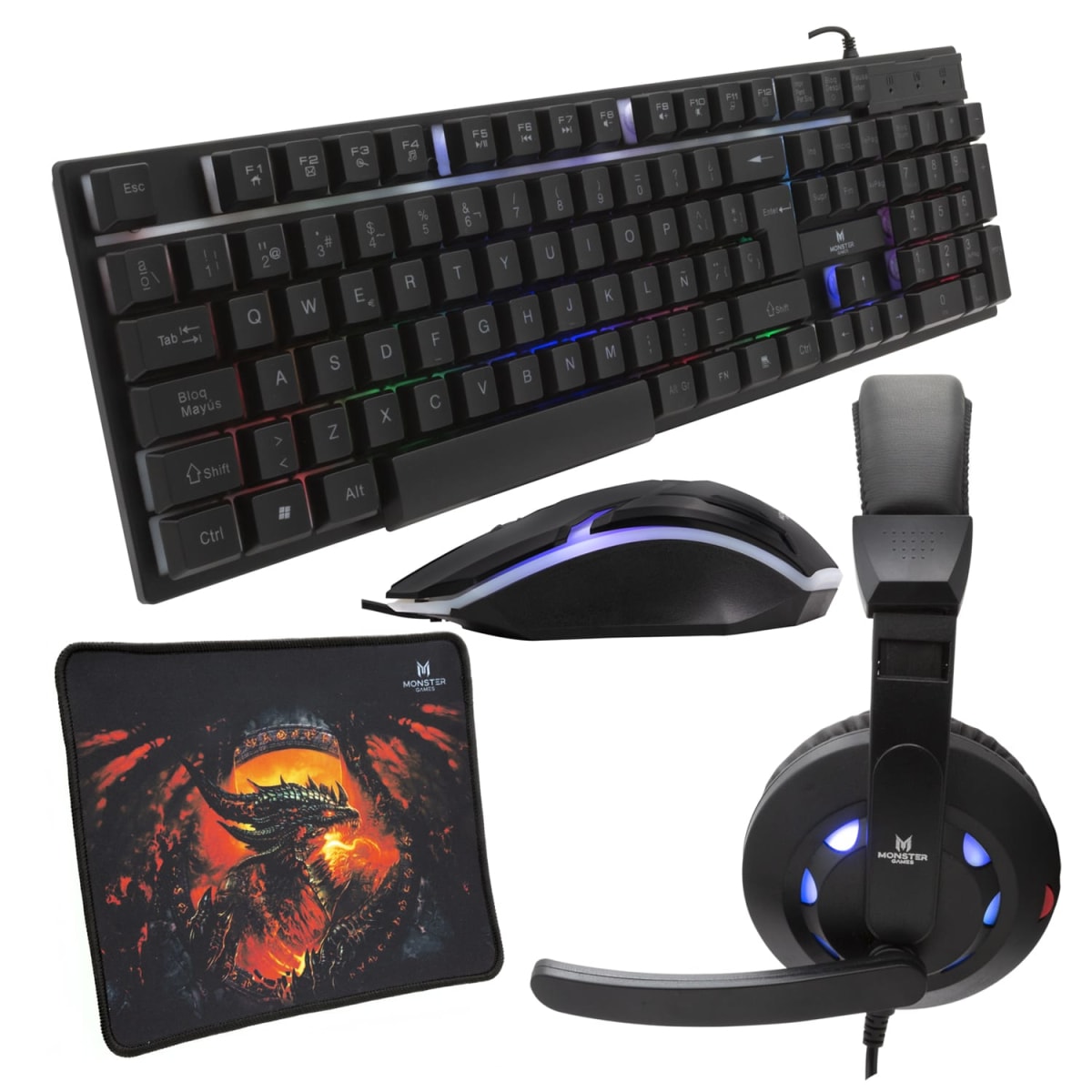 Kit Gamer Mouse + tec + audifono + padmouse Monster K41252