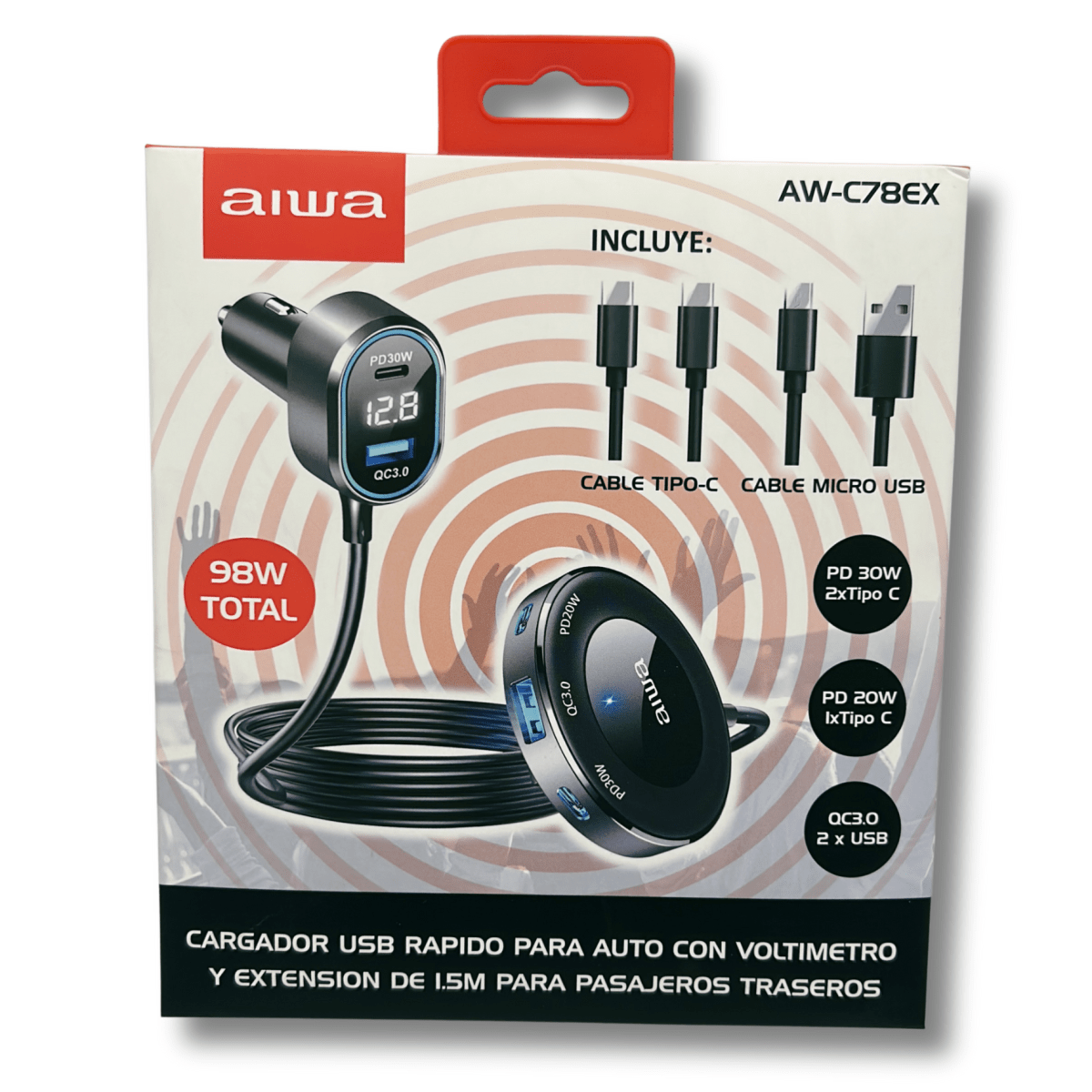 Cargador auto Aiwa Tipo C pasajeros con 2 cables AW-C78EX1
