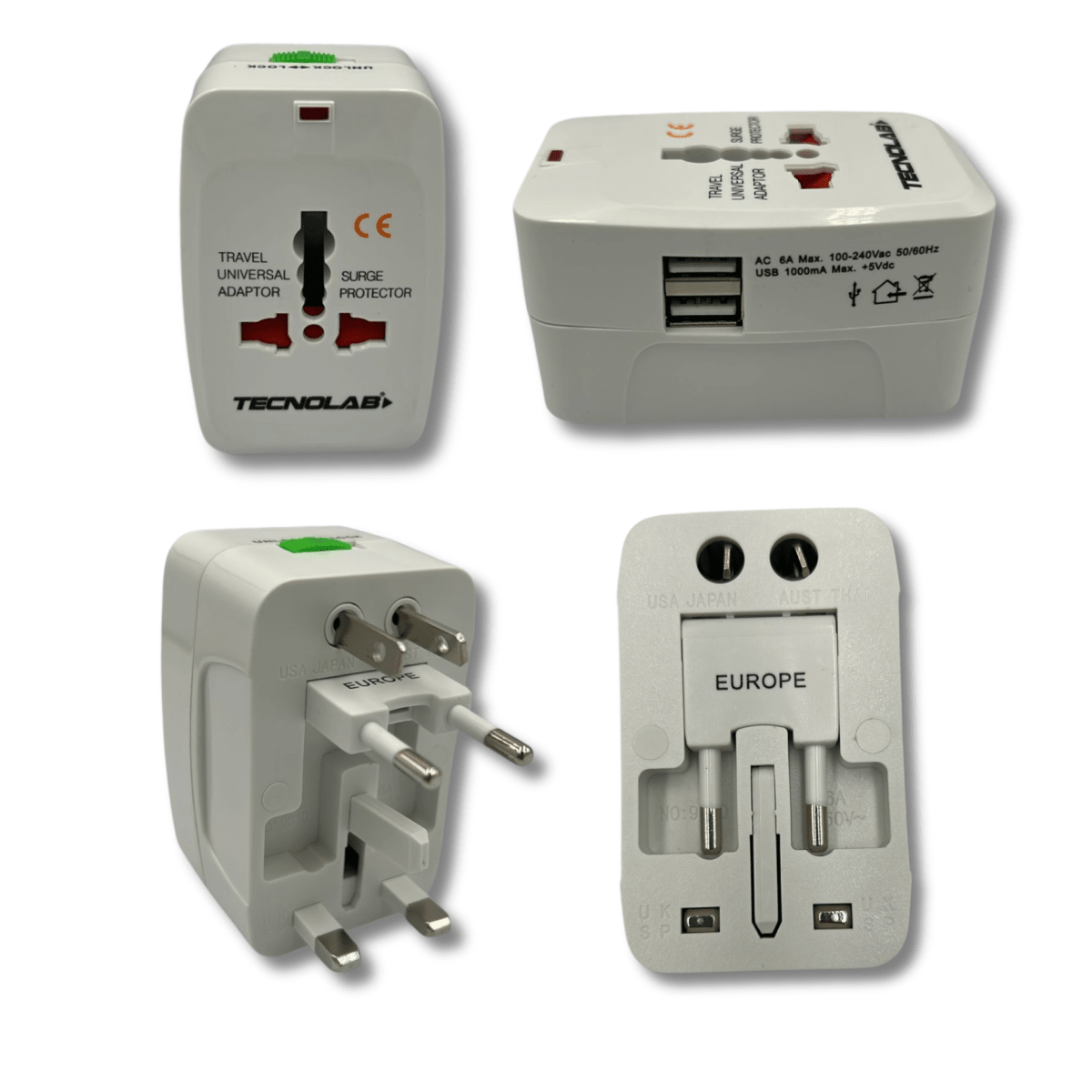 Adaptador de viaje universal con USB blanco Tecnolab TL3562