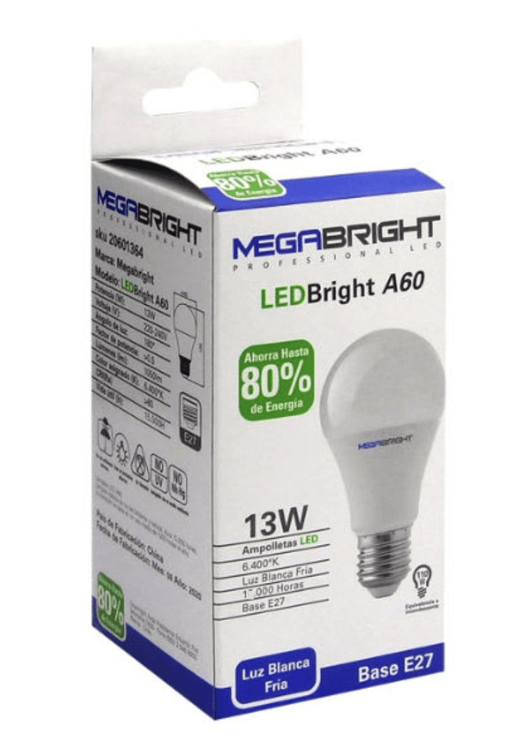 Embalaje Ampolleta Led Megabright E27 fria 13W A60 64 unidades2