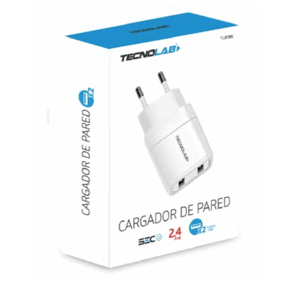 Cargador Tecnolab de pared 2,4A 2USB sin cable2