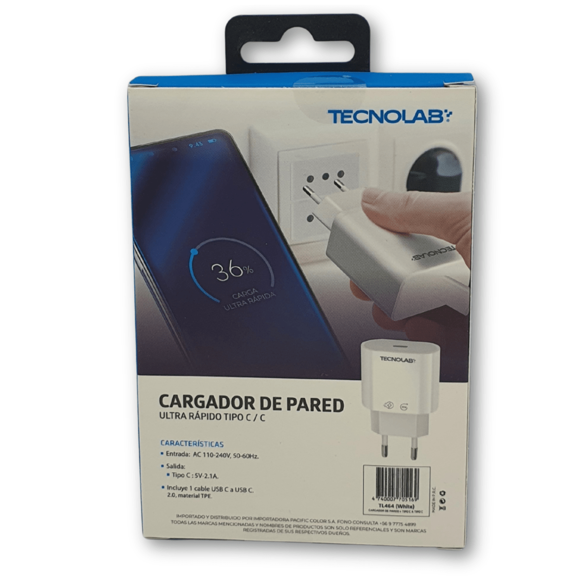 Cargador Tecnolab 20W con cable Tipo C a Tipo C2