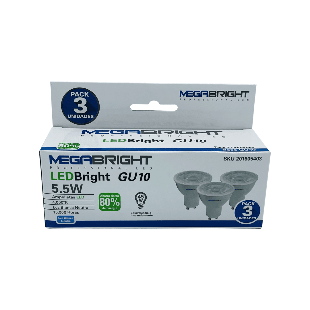 Pack 3 Ampolletas Led Megabright GU10 5,5w1