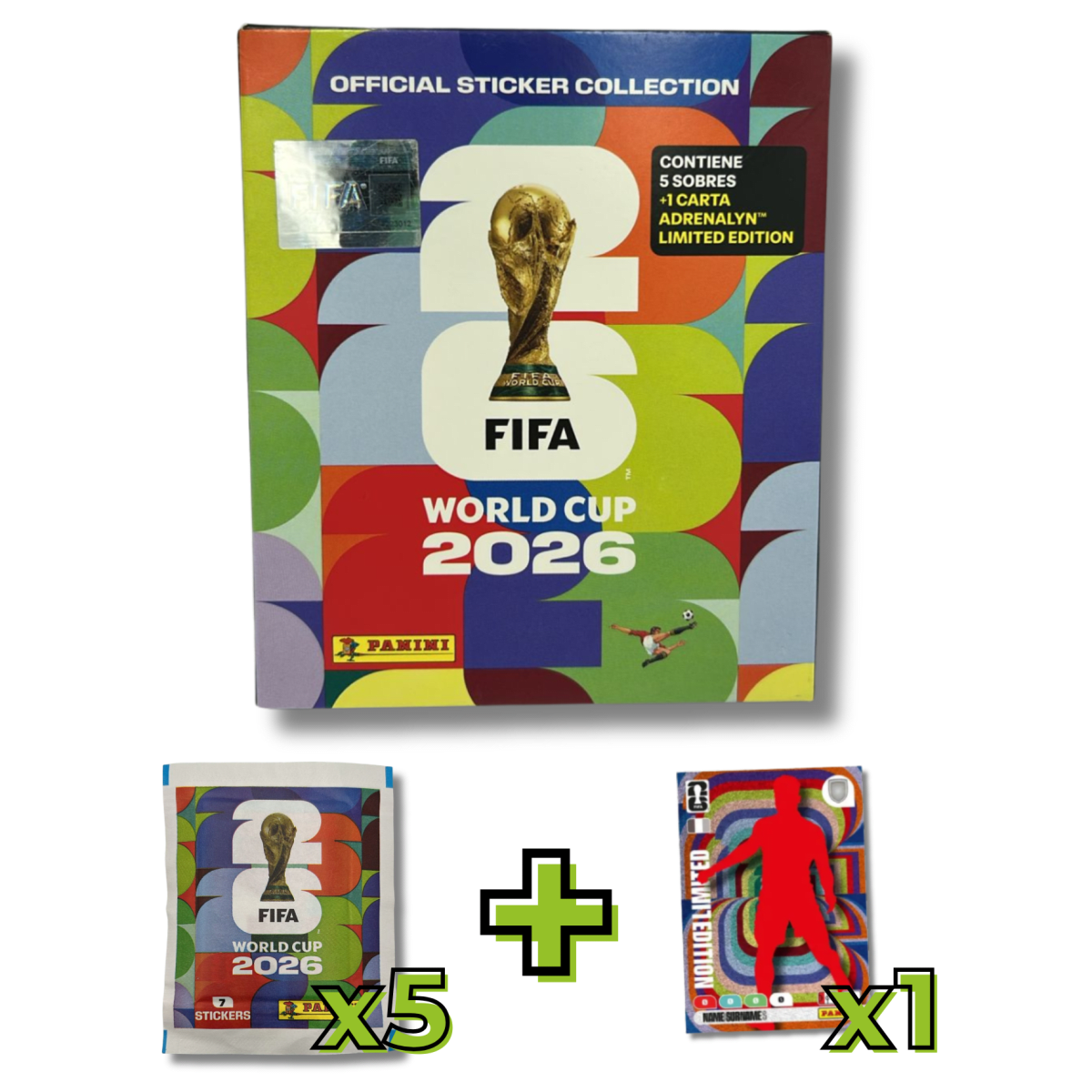 Pack 5 Sobres Láminas Mundial FIFA WORLD CUP 2026 + 1 CARTA ADRENALYN LIMITED EDITION1