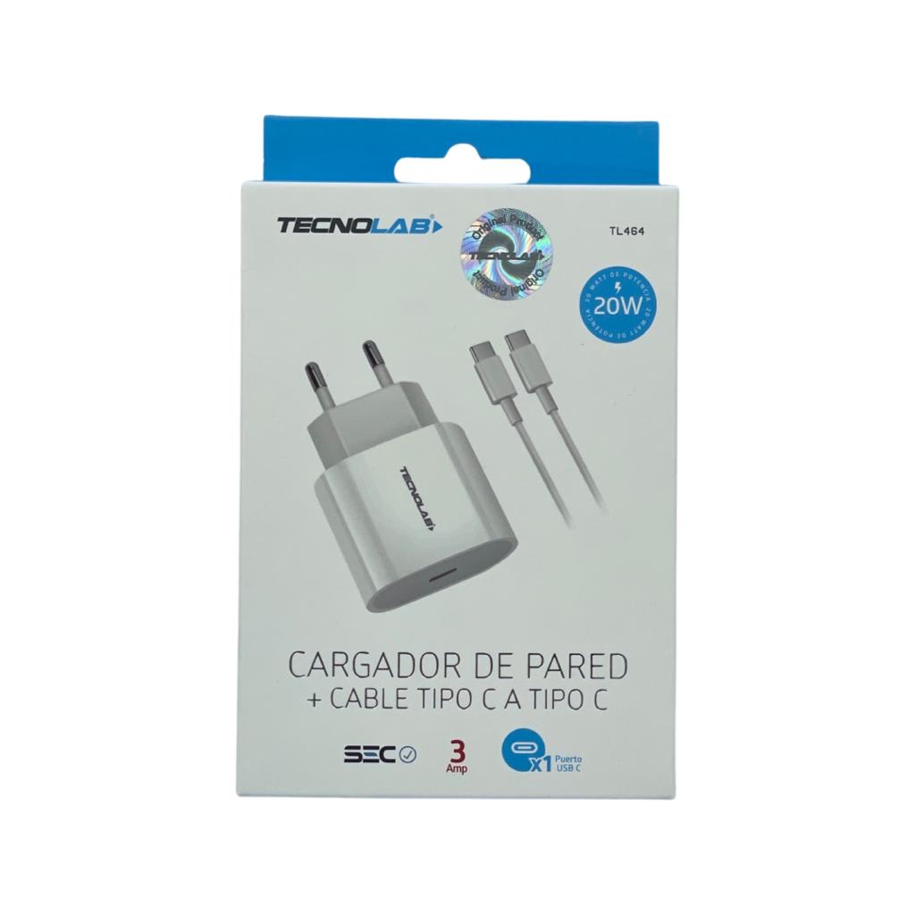 Cargador Tecnolab 20W con cable Tipo C a Tipo C2