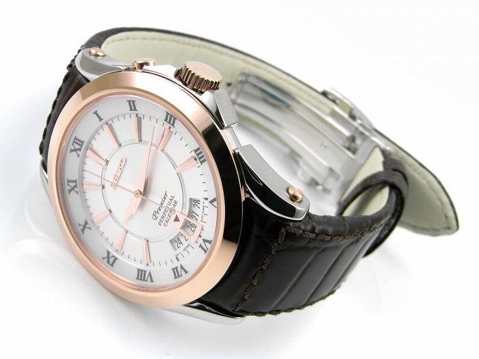 Reloj SEIKO PREMIER SNQ126P1 Calendario Perpetuo Cuero Hombre Oro Rosa7