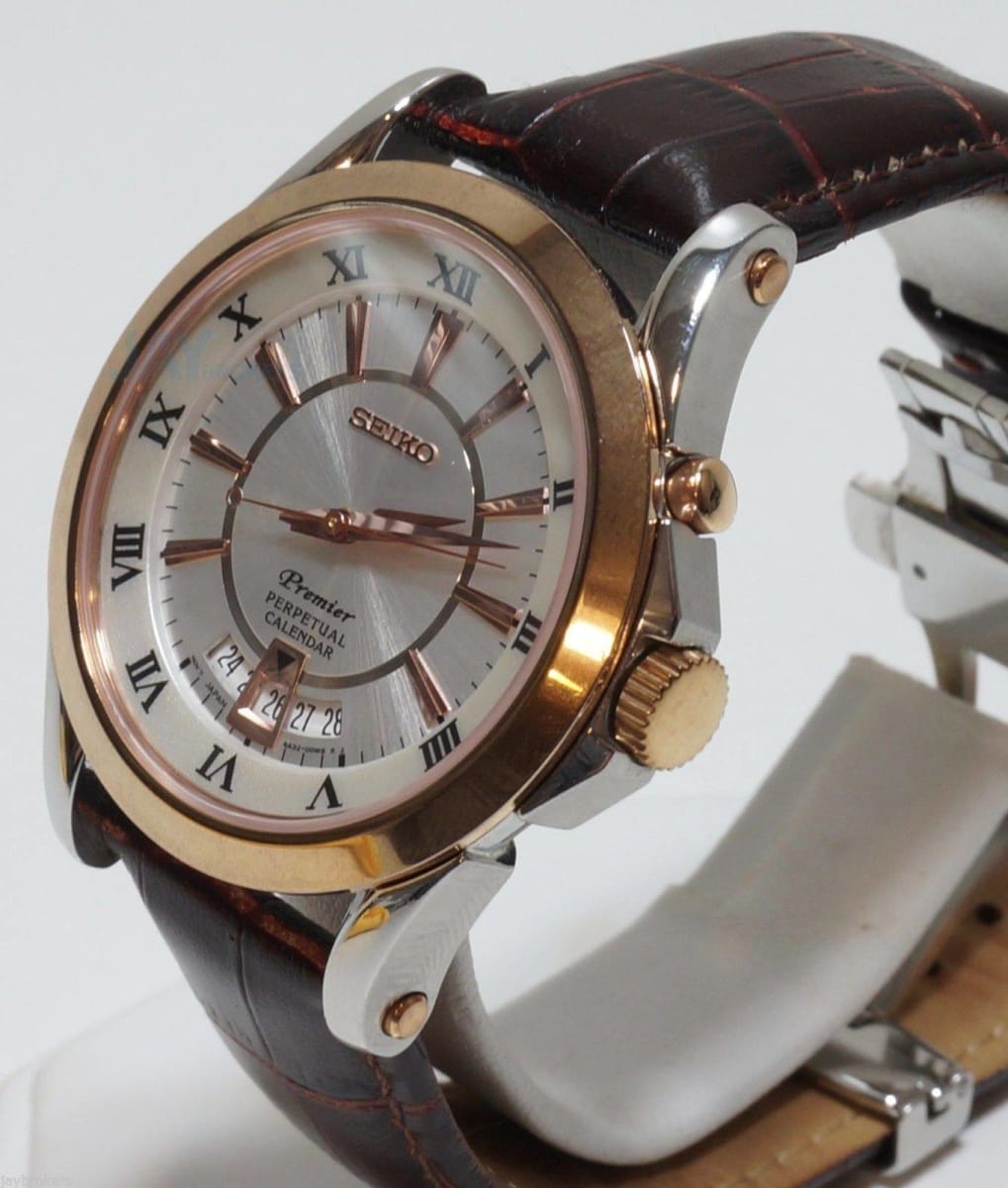 Reloj SEIKO PREMIER SNQ126P1 Calendario Perpetuo Cuero Hombre Oro Rosa3