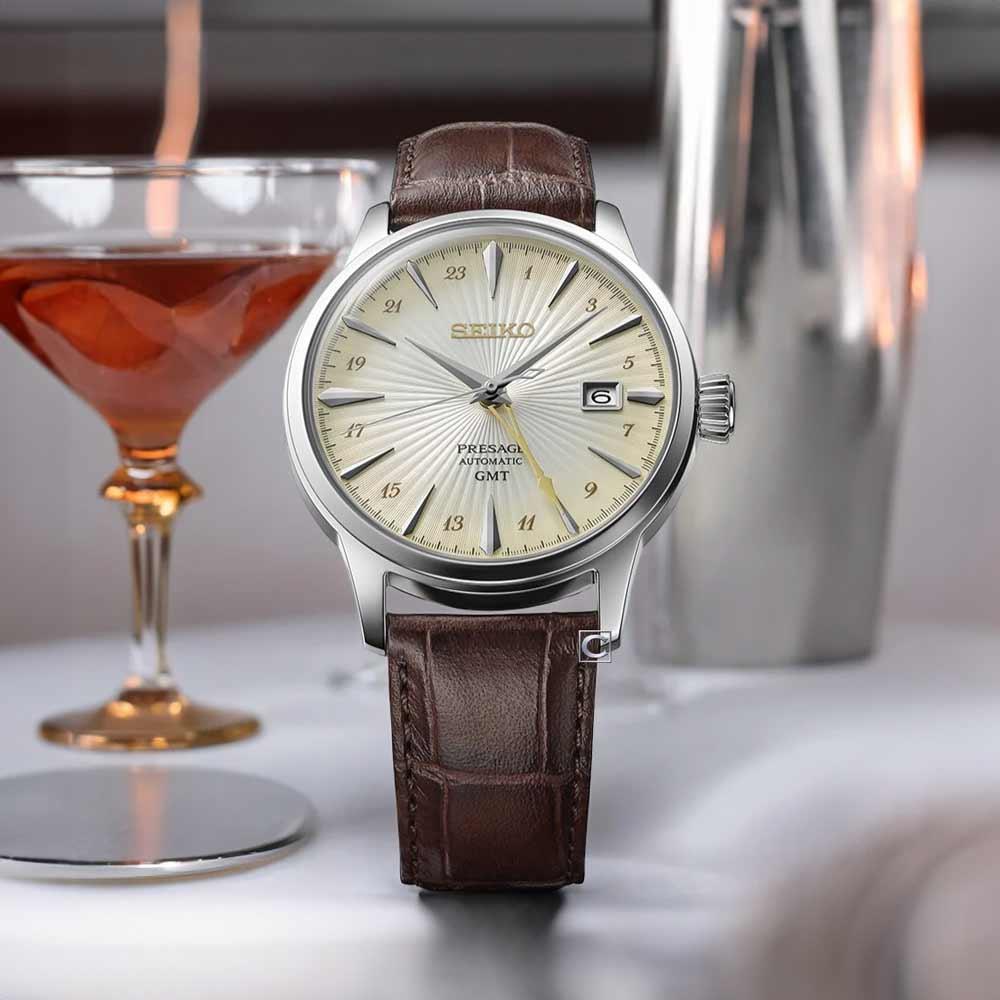 Reloj SEIKO PRESAGE SSK041J1 Acacia Cocktail Time GMT Cuero Hombre Plateado4