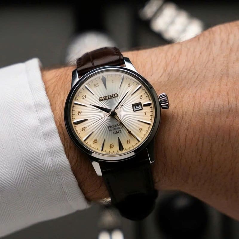 Reloj SEIKO PRESAGE SSK041J1 Acacia Cocktail Time GMT Cuero Hombre Plateado6