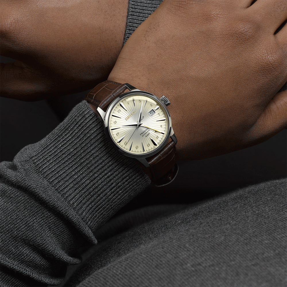 Reloj SEIKO PRESAGE SSK041J1 Acacia Cocktail Time GMT Cuero Hombre Plateado5