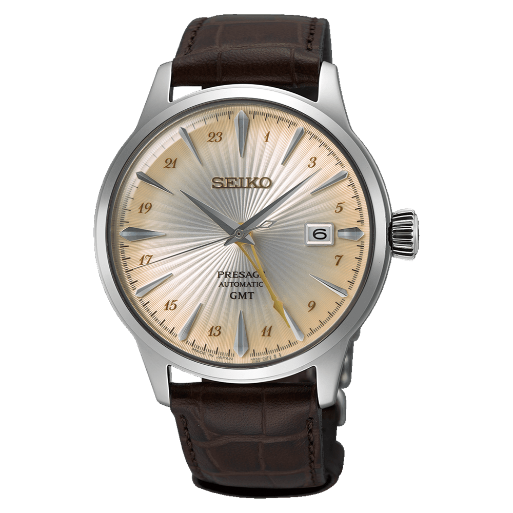 Reloj SEIKO PRESAGE SSK041J1 Acacia Cocktail Time GMT Cuero Hombre Plateado1