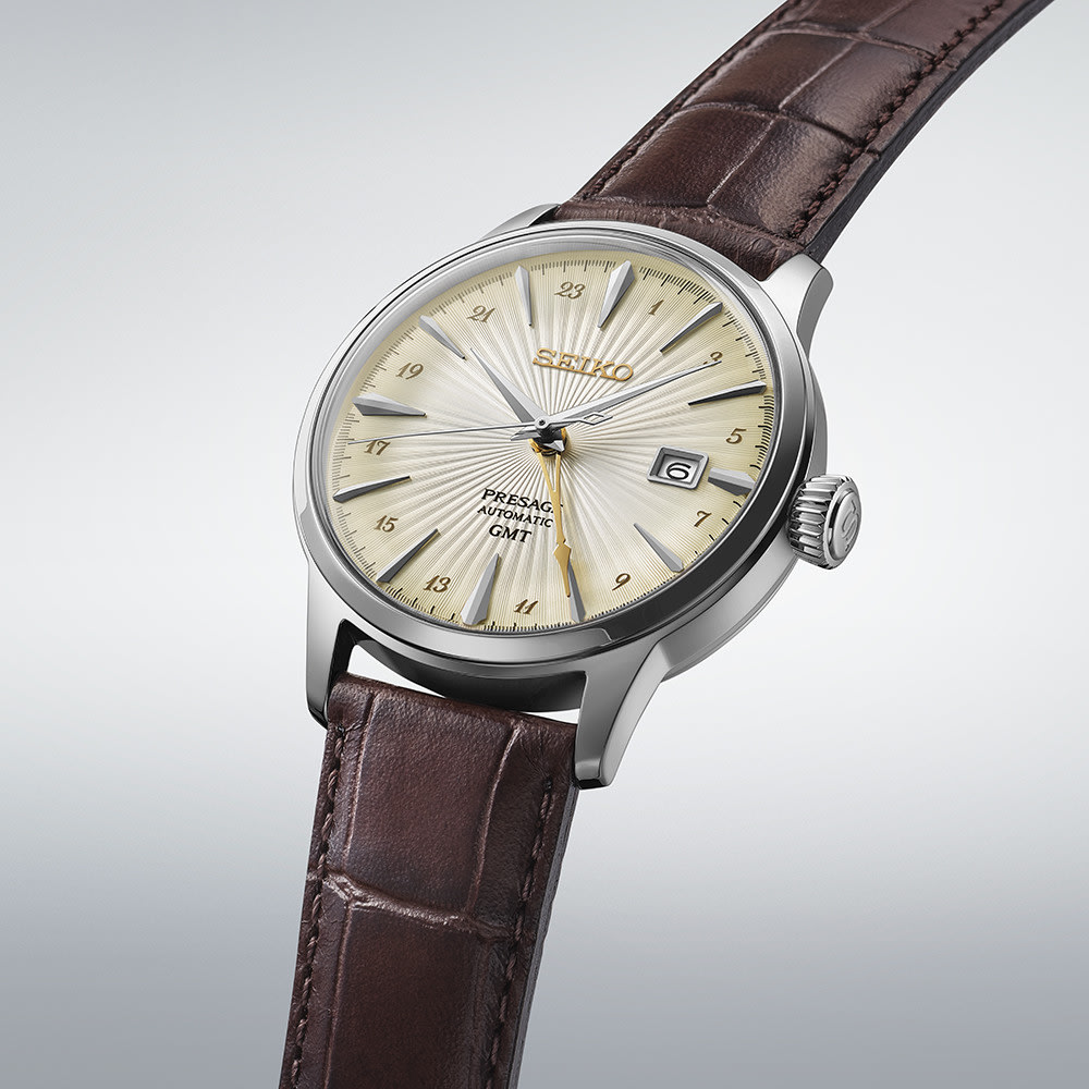 Reloj SEIKO PRESAGE SSK041J1 Acacia Cocktail Time GMT Cuero Hombre Plateado3
