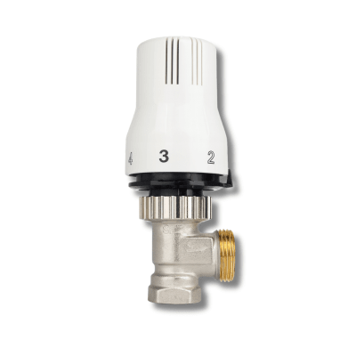 VÁLVULA TERMOSTÁTICA ANGULAR PARA RADIADOR 1/2” x 3/4” – CON CABEZAL REGULABLE