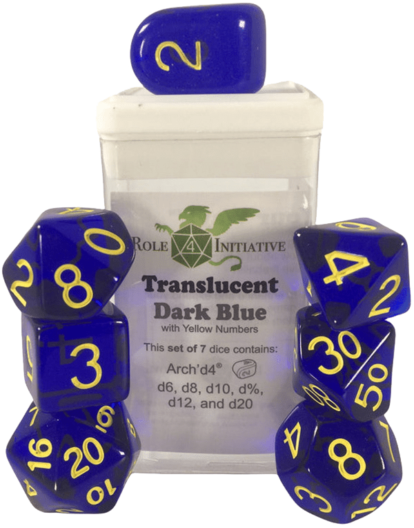 Set 7 dice w/ Arch'd4: Translucent Dark Blue w/ Yellow1