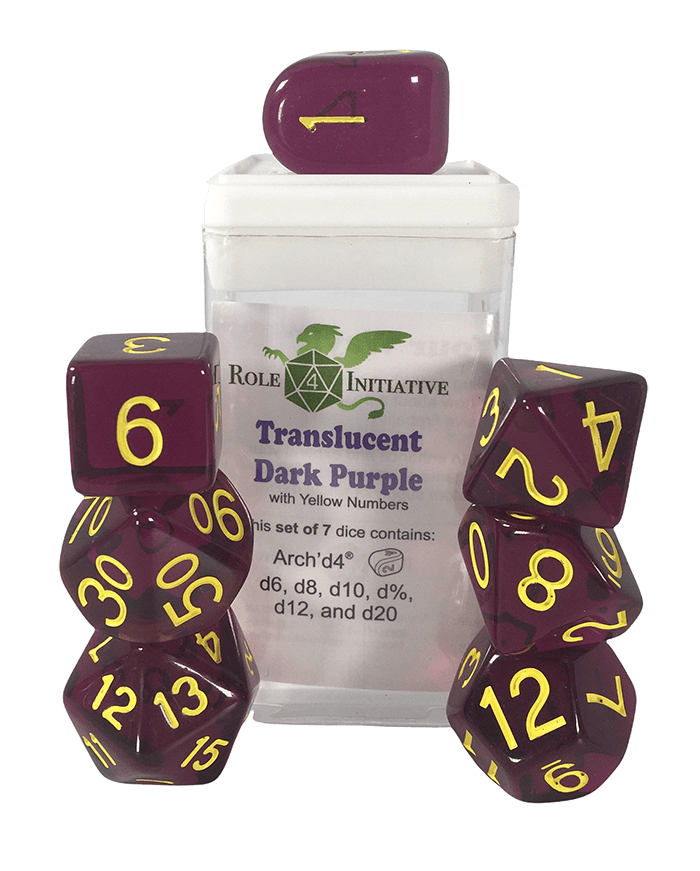 Set 7 dice w/ Arch'd4: Translucent Dark Purple w/ Yellow1
