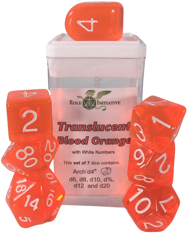 Set 7 dice w/ Arch'd4: Translucent Blood Orange w/ White1