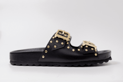 SANDALIA PLANA NEGRA TACHAS ORO2
