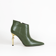 BOTIN CUERO VERDE OLIVA TACO ORO