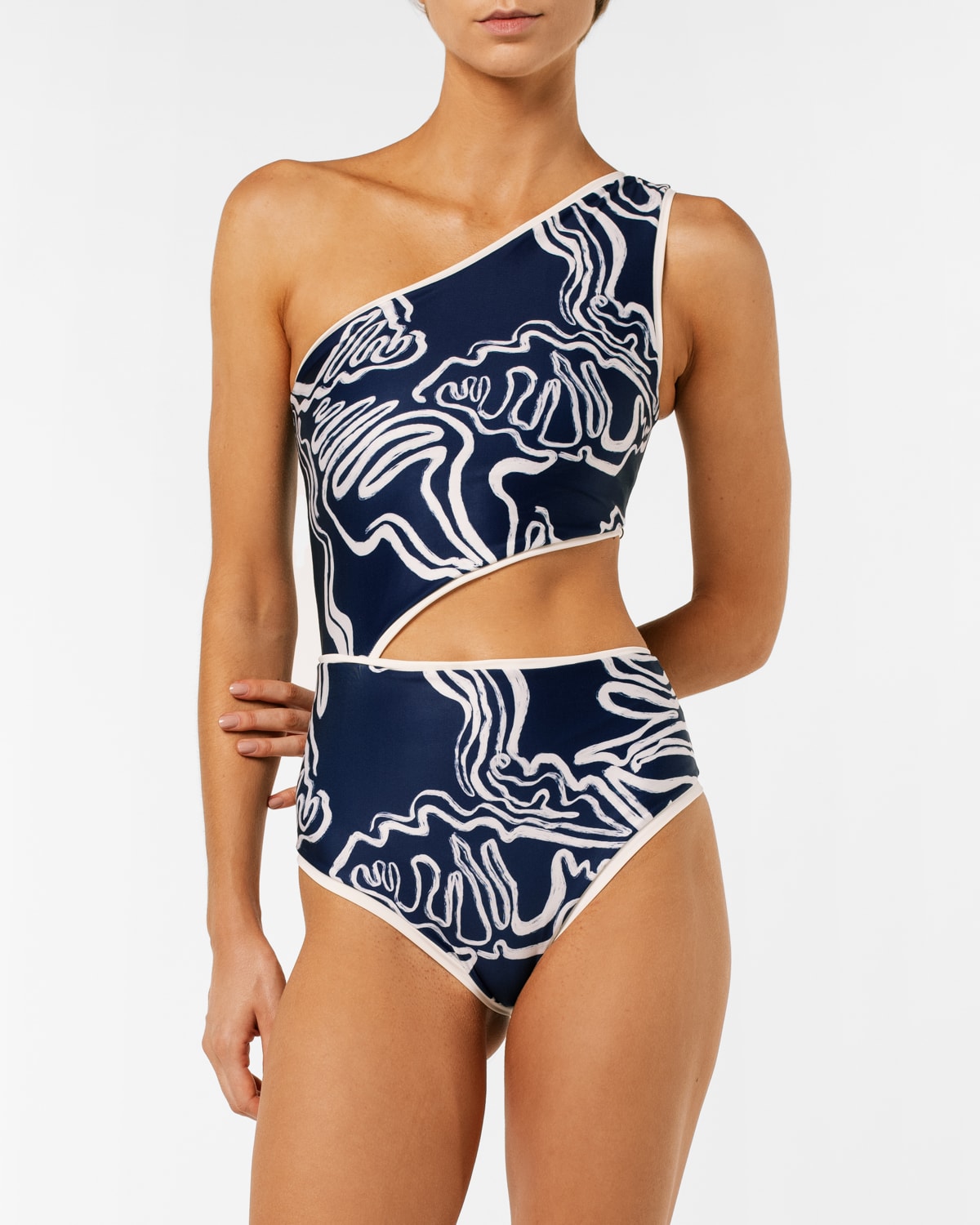 Traje de baño entero asimétrico de un hombro Raisa Marea Blue2