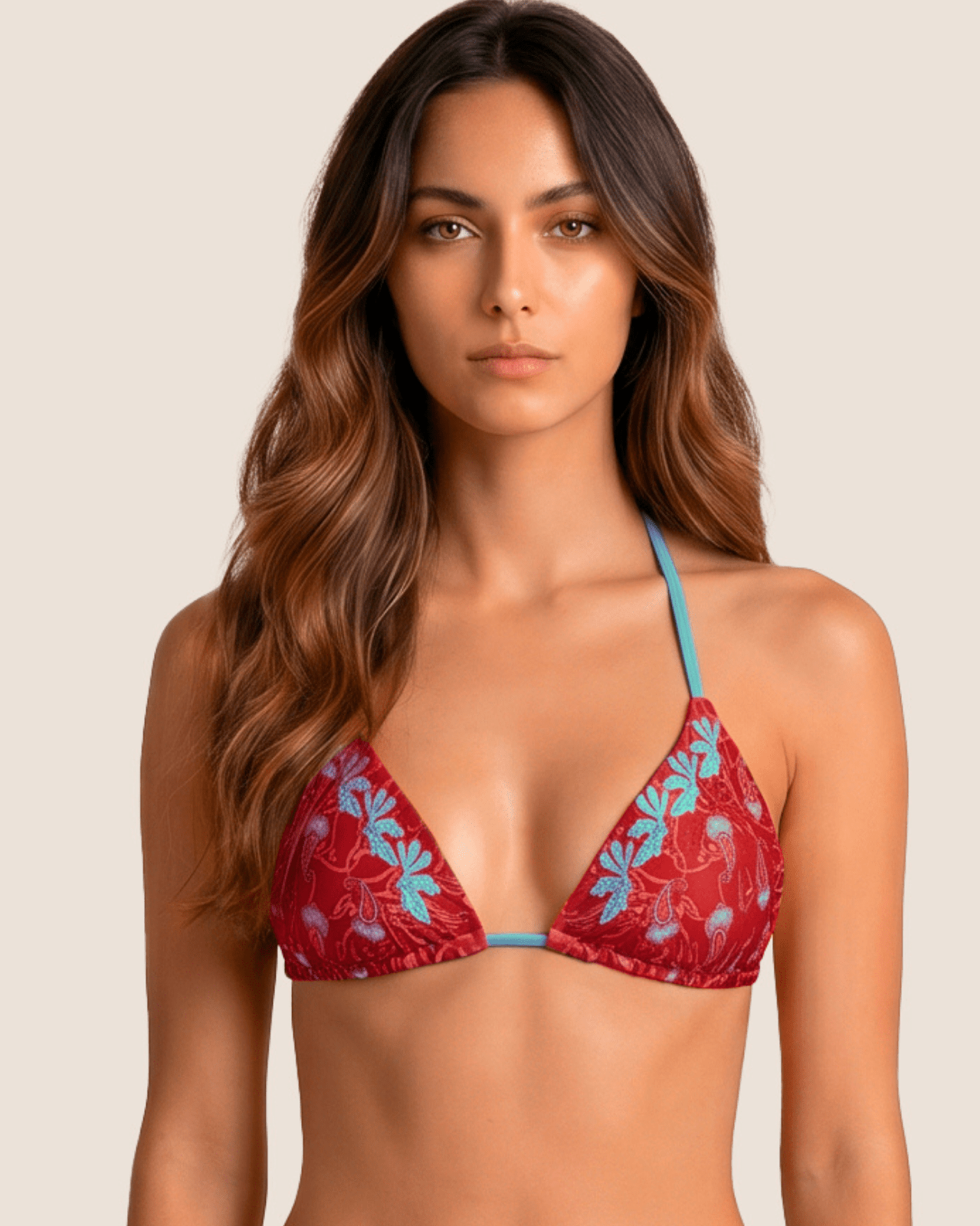 Top de Bikini Triángulo Rojo con Mostacillas Bordadas OndadeMar 2117/LOLI1