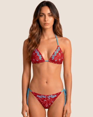 Calzón de Bikini Rojo Estampado con Amarras Turquesa OndadeMar 2209/RUSH/LOLI
