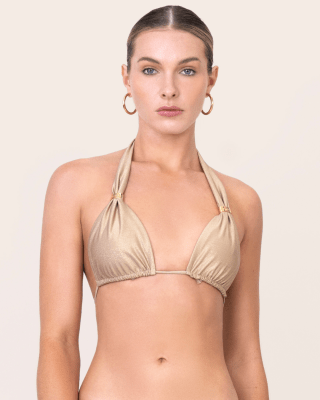 Top de bikini dorado halter clásico con copas removibles y argollas doradas OndadeMar 2184/9000