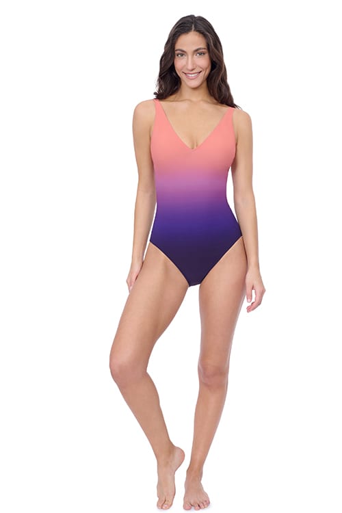 Traje de baño entero escote V con tirantes ajustables y control de abdomen Purple2