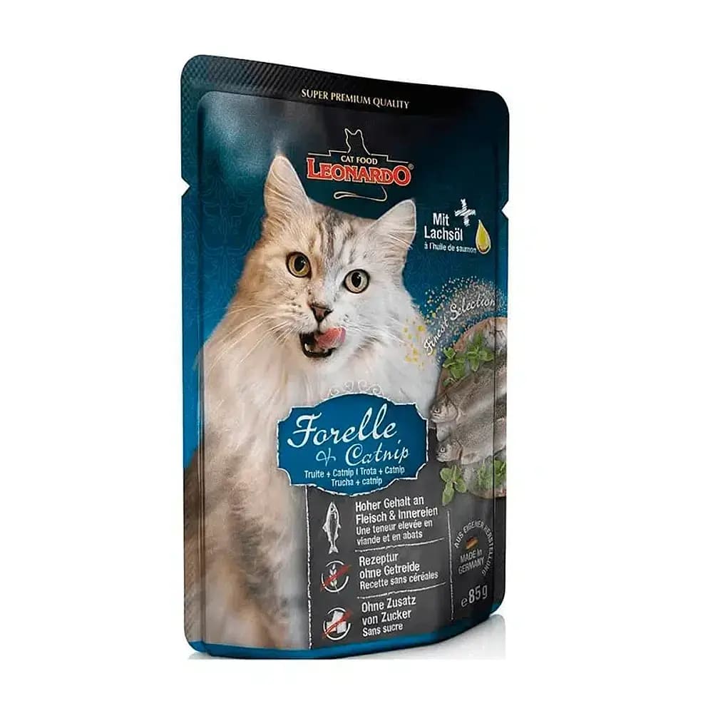 Leonardo pouch Trucha Y Hierba Gatera alimento húmedo para gatos 85Gr2