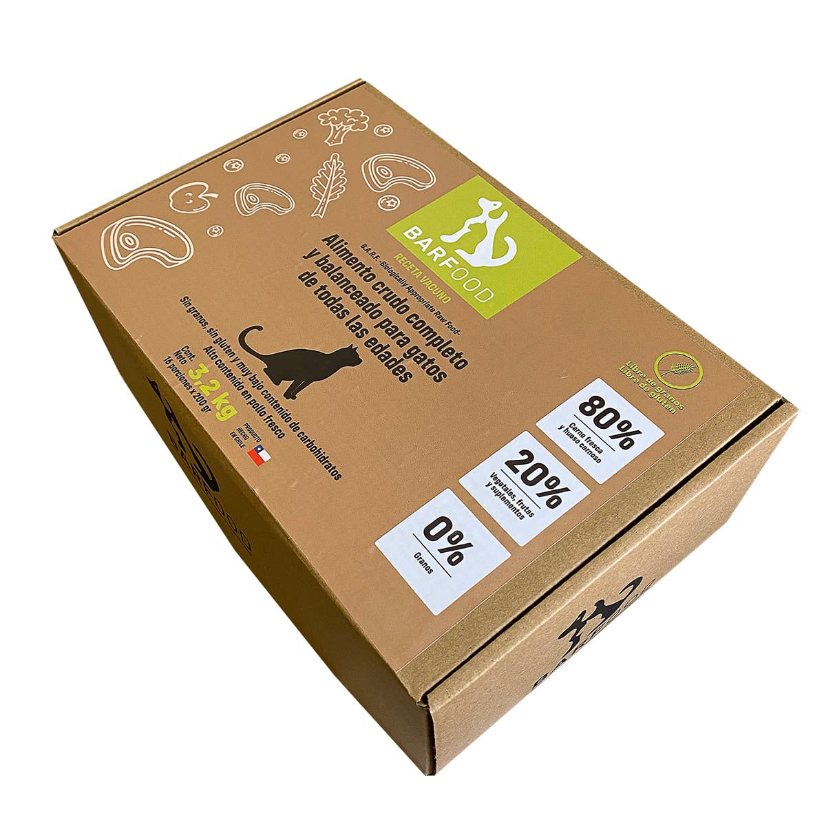 Alimento Barf Crudo para Gato - Vacuno Caja 16X200 Gr (3,2 Kg)1