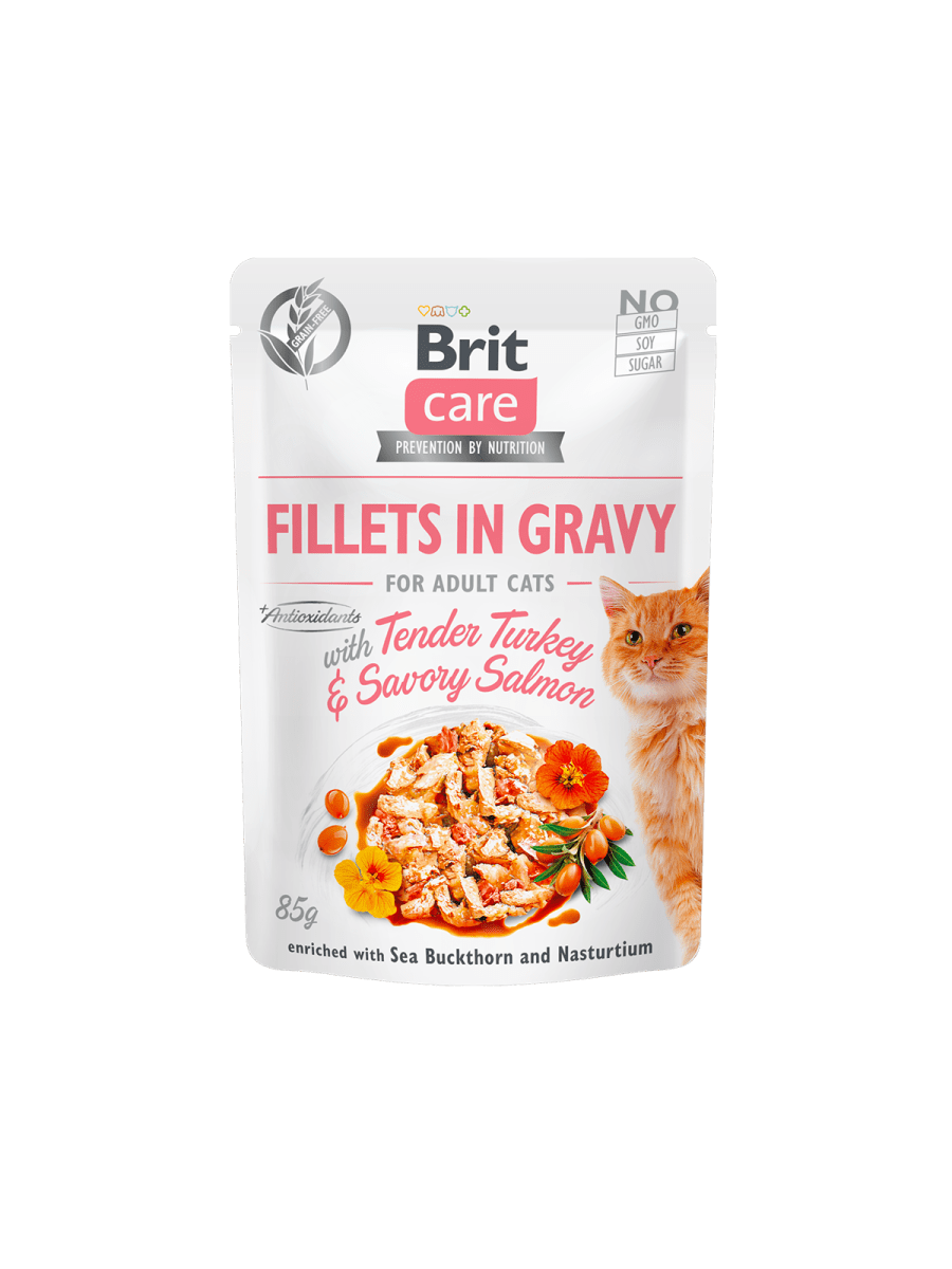 BRIT Care Cat Fillets in gravy with tender Turkey & Savory Salmon 85 G1