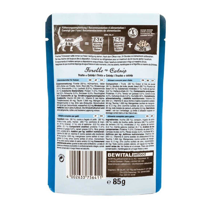 Leonardo pouch Trucha Y Hierba Gatera alimento húmedo para gatos 85Gr3
